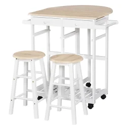 Ensemble table de bar pliable sur roulettes avec étagère et 2 tiroirs + 2 tabourets bois pin MDF blanc chêne clair