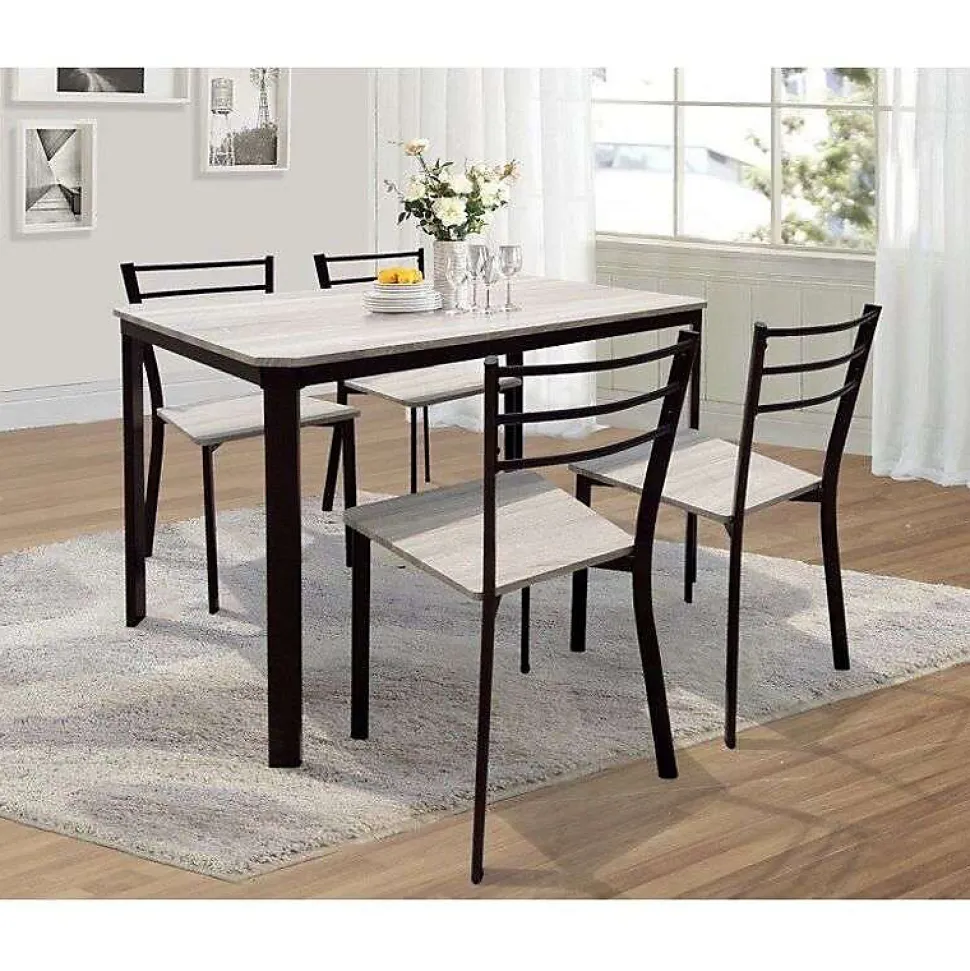 Ensemble table de repas LEEDS noire finition bronze et 4 chaises Style industriel bois et métal