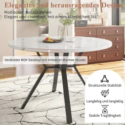 Ensemble Table et 4 Chaises - Table Ronde, Chaises Velours Ergonomiques, Salle à Manger Moderne Plateau Effet Marbre, Blanc/Vert