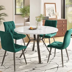 Ensemble Table et 4 Chaises - Table Ronde, Chaises Velours Ergonomiques, Salle à Manger Moderne Plateau Effet Marbre, Blanc/Vert