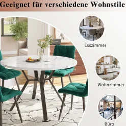Ensemble Table et 4 Chaises - Table Ronde, Chaises Velours Ergonomiques, Salle à Manger Moderne Plateau Effet Marbre, Blanc/Vert