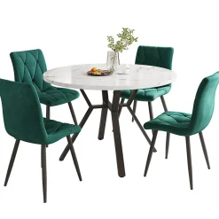 Ensemble Table et 4 Chaises - Table Ronde, Chaises Velours Ergonomiques, Salle à Manger Moderne Plateau Effet Marbre, Blanc/Vert