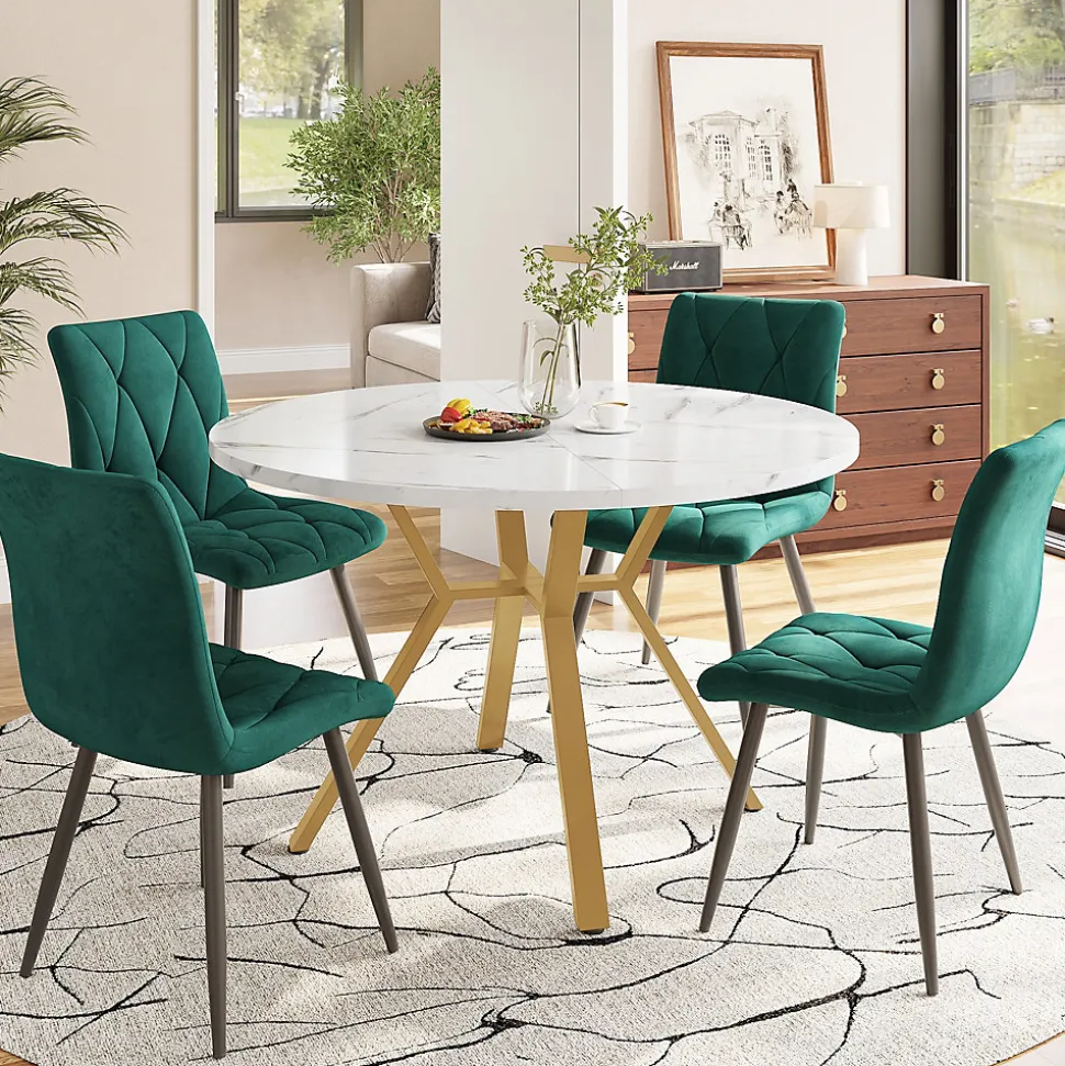 Ensemble table et 4 chaises 100x75 cm, table ronde MDF imitation marbre, pieds métal doré, velours vert