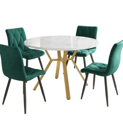 Ensemble table et 4 chaises 100x75 cm, table ronde MDF imitation marbre, pieds métal doré, velours vert