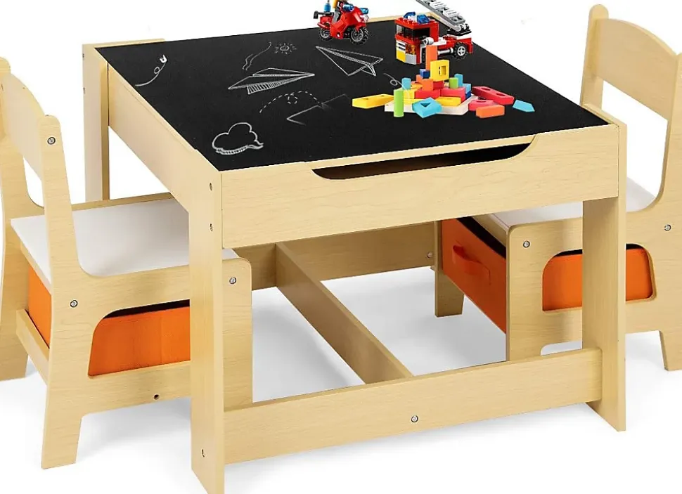 Ensemble Table et 2 Chaises avec 2 boits de rangement pour Enfants Table double face table dessin en boît