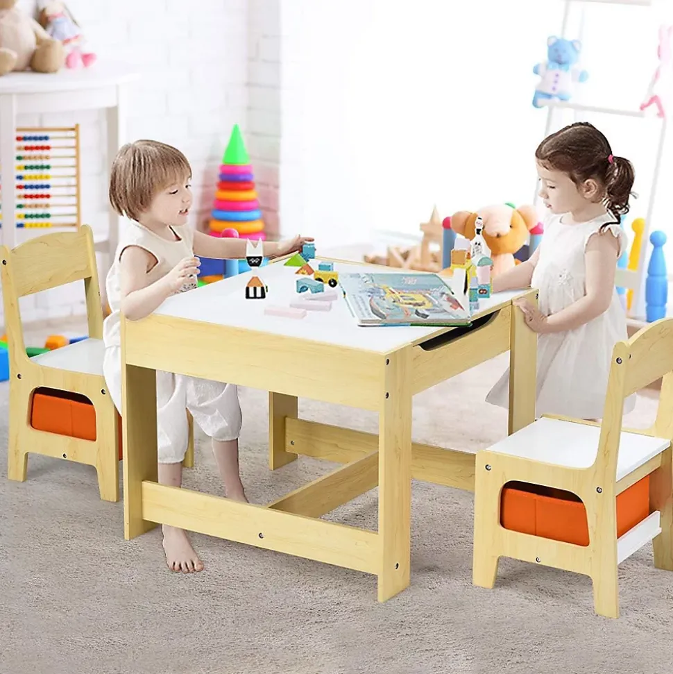 Ensemble Table et 2 Chaises avec 2 boits de rangement pour Enfants Table double face table dessin en boît