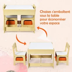 Ensemble Table et 2 Chaises avec 2 boits de rangement pour Enfants Table double face table dessin en boît