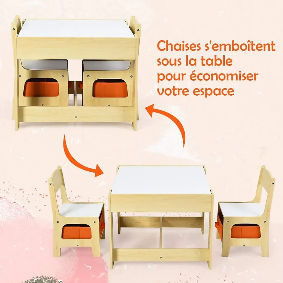 Ensemble Table et 2 Chaises avec 2 boits de rangement pour Enfants Table double face table dessin en boît