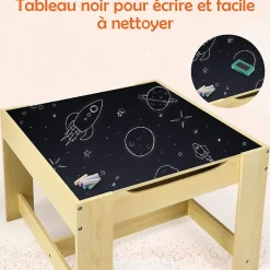 Ensemble Table et 2 Chaises avec 2 boits de rangement pour Enfants Table double face table dessin en boît