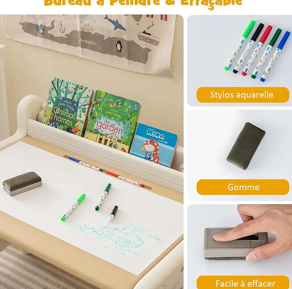 Ensemble Table et Chaise pour Enfants avec Plateau Effaçable Stylos Aquarelle et Gomme Ensemble de Table Activités Marron