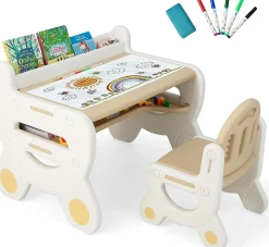Ensemble Table et Chaise pour Enfants avec Plateau Effaçable Stylos Aquarelle et Gomme Ensemble de Table Activités Marron