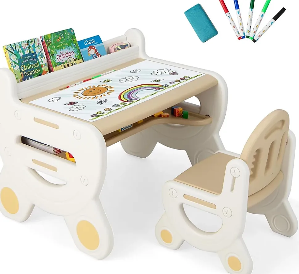 Ensemble Table et Chaise pour Enfants avec Plateau Effaçable Stylos Aquarelle et Gomme Ensemble de Table Activités Marron