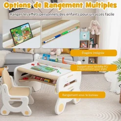 Ensemble Table et Chaise pour Enfants avec Plateau Effaçable Stylos Aquarelle et Gomme Ensemble de Table Activités Marron