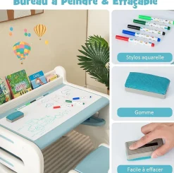 Ensemble Table et Chaise pour Enfants avec Plateau Effaçable Stylos Aquarelle Gomme Ensemble de Table Activités Bleu