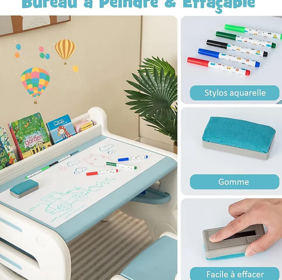 Ensemble Table et Chaise pour Enfants avec Plateau Effaçable Stylos Aquarelle Gomme Ensemble de Table Activités Bleu