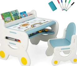 Ensemble Table et Chaise pour Enfants avec Plateau Effaçable Stylos Aquarelle Gomme Ensemble de Table Activités Bleu