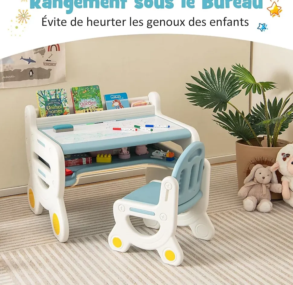 Ensemble Table et Chaise pour Enfants avec Plateau Effaçable Stylos Aquarelle Gomme Ensemble de Table Activités Bleu