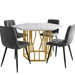Ensemble table et chaises 115,5x100x75 cm avec 4 chaises, table hexagonale marbrée MDF et chaises velours gris
