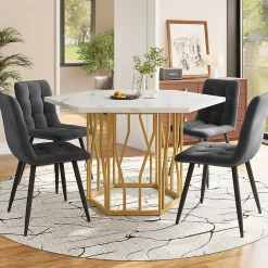 Ensemble table et chaises 115,5x100x75 cm avec 4 chaises, table hexagonale marbrée MDF et chaises velours gris