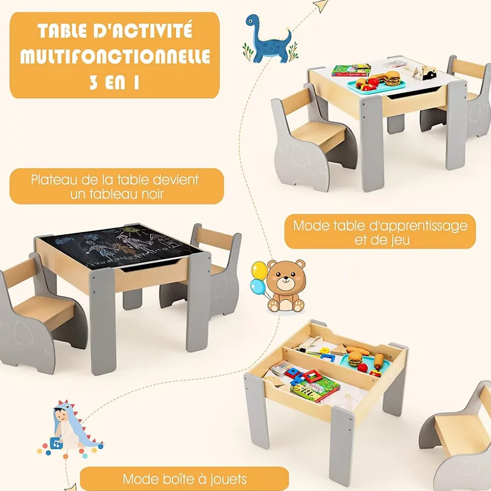 Ensemble Table et Chaises pour Enfants 3PCS avec Plateau Rabattable Dossier Ergonomique 4 en 1 Table Activités Gris