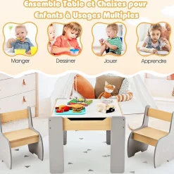 Ensemble Table et Chaises pour Enfants 3PCS avec Plateau Rabattable Dossier Ergonomique 4 en 1 Table Activités Gris