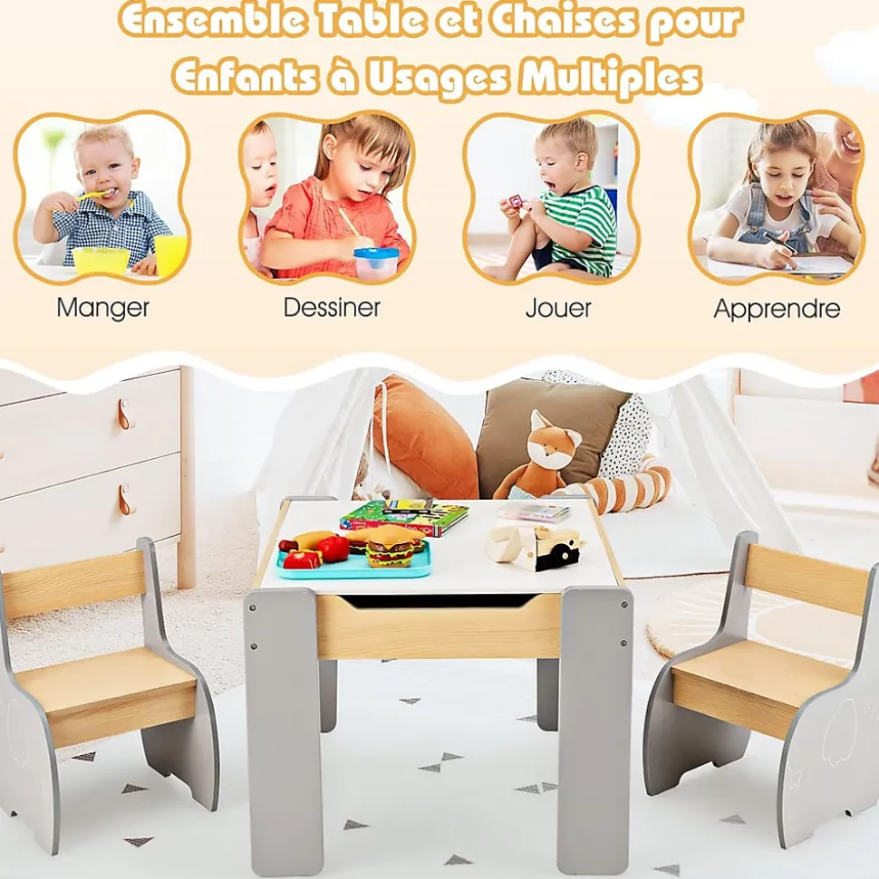 Ensemble Table et Chaises pour Enfants 3PCS avec Plateau Rabattable Dossier Ergonomique 4 en 1 Table Activités Gris