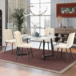 Ensemble Table et Chaises - 4 Chaises Velours Rembourrées avec Plateau MDF Rectangulaire, Pieds Métal, 117x68x75 cm, Blanc & Beige