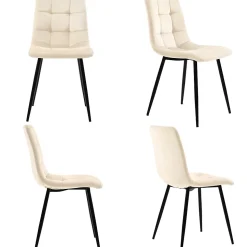 Ensemble Table et Chaises - 4 Chaises Velours Rembourrées avec Plateau MDF Rectangulaire, Pieds Métal, 117x68x75 cm, Blanc & Beige