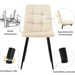 Ensemble Table et Chaises - 4 Chaises Velours Rembourrées avec Plateau MDF Rectangulaire, Pieds Métal, 117x68x75 cm, Blanc & Beige