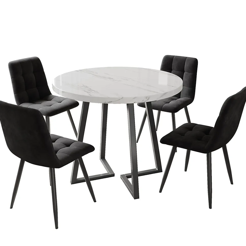 Ensemble table et chaises 80x75 cm table ronde avec 4 chaises assise en velours et structure métal