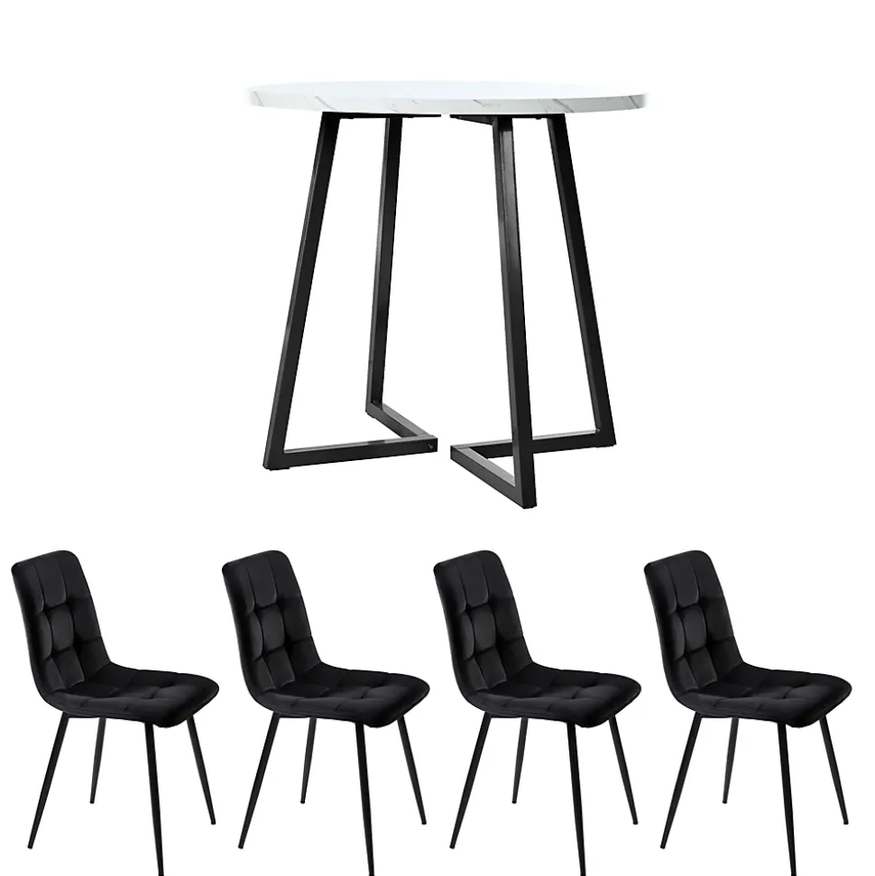 Ensemble table et chaises 80x75 cm table ronde avec 4 chaises assise en velours et structure métal