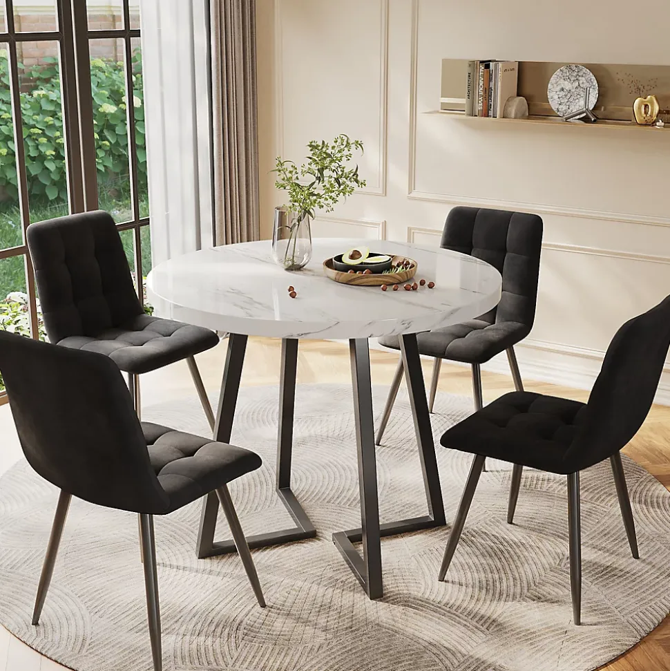 Ensemble table et chaises 80x75 cm table ronde avec 4 chaises assise en velours et structure métal