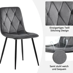 Ensemble Table et Chaises - Table Ronde et 4 Chaises Velours, Salle à Manger Moderne, Plateau Effet Marbre, Gris et Blanc