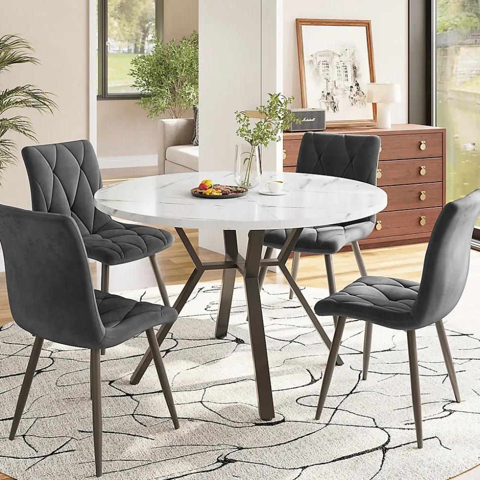 Ensemble Table et Chaises - Table Ronde et 4 Chaises Velours, Salle à Manger Moderne, Plateau Effet Marbre, Gris et Blanc