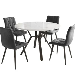 Ensemble Table et Chaises - Table Ronde et 4 Chaises Velours, Salle à Manger Moderne, Plateau Effet Marbre, Gris et Blanc