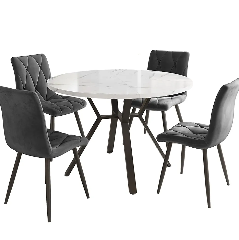Ensemble Table et Chaises - Table Ronde et 4 Chaises Velours, Salle à Manger Moderne, Plateau Effet Marbre, Gris et Blanc
