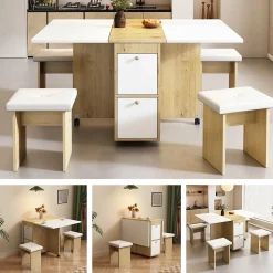 Ensemble Table et Chaises - Table à Manger Extensible Rectangulaire avec 4 Chaises - Blanc et Chêne