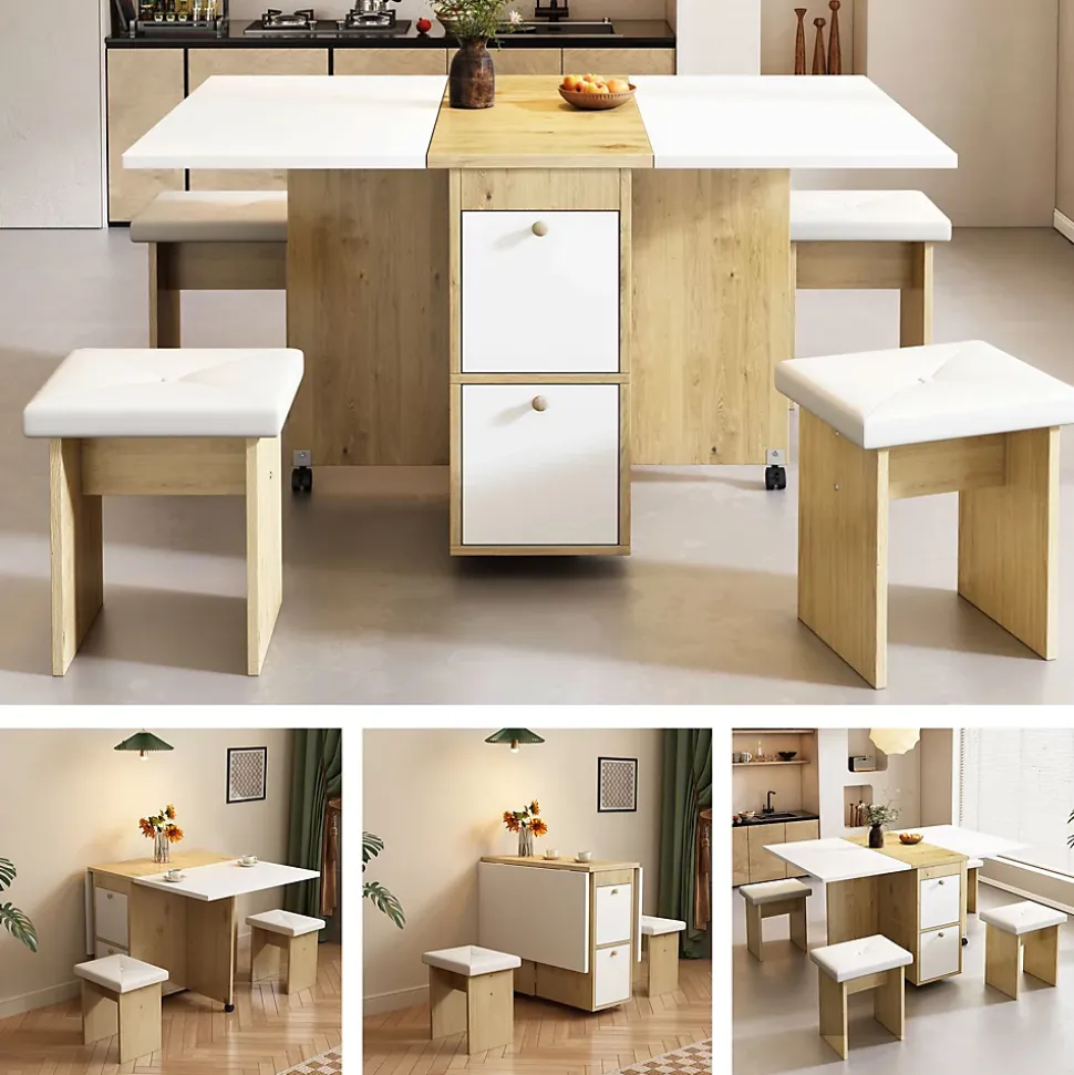 Ensemble Table et Chaises - Table à Manger Extensible Rectangulaire avec 4 Chaises - Blanc et Chêne