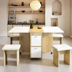 Ensemble Table et Chaises - Table à Manger Extensible Rectangulaire avec 4 Chaises - Blanc et Chêne