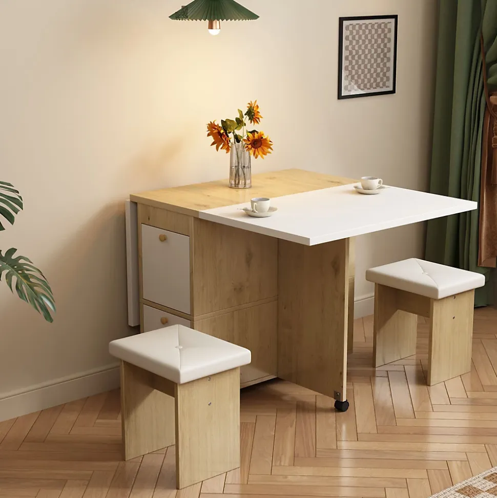 Ensemble Table et Chaises - Table à Manger Extensible Rectangulaire avec 4 Chaises - Blanc et Chêne