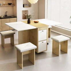 Ensemble Table et Chaises - Table à Manger Extensible Rectangulaire avec 4 Chaises - Blanc et Chêne