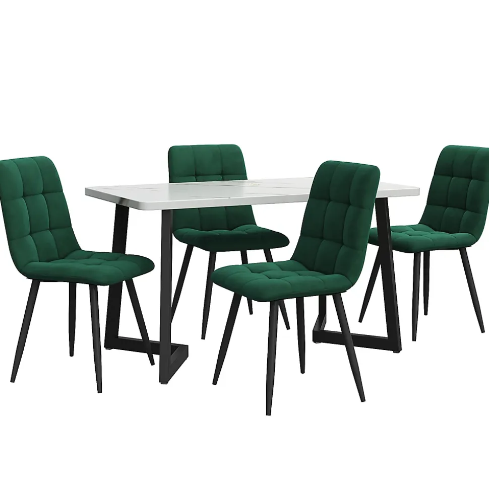 Ensemble Table et Chaises - Rectangulaire et 4 Chaises avec Assises Velours Rembourrées, MDF et Métal, Blanc/Vert Foncé
