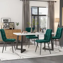 Ensemble Table et Chaises - Rectangulaire et 4 Chaises avec Assises Velours Rembourrées, MDF et Métal, Blanc/Vert Foncé