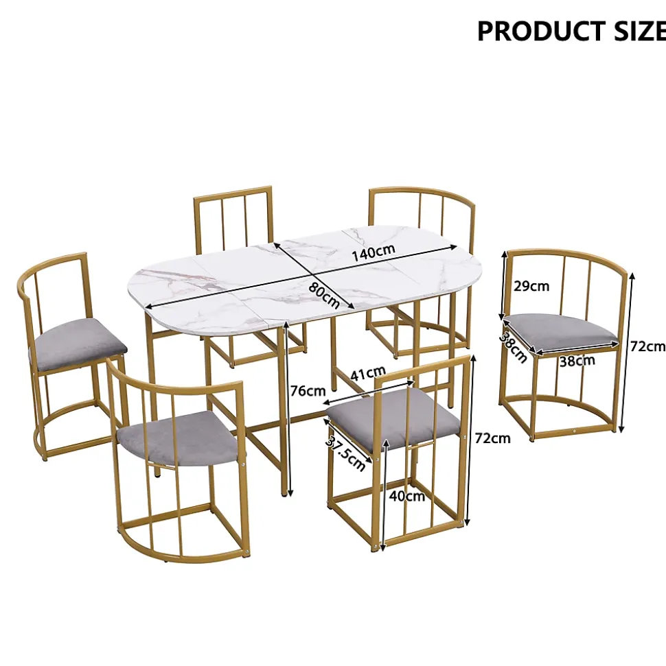 Ensemble Table et Chaises de Salle à Manger, Table Blanche, 6 Chaises en Velours Gris et Pieds Dorés, Design Élégant, 140x80x76 cm