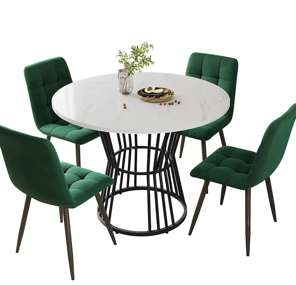 Ensemble Table et Chaises - Table Ronde MDF avec Pieds Métal Noir, 4 Chaises Velours, 100x75 cm, Blanc & Vert