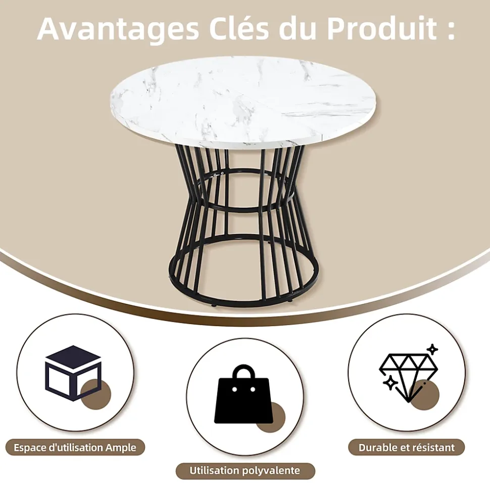 Ensemble Table et Chaises - Table Ronde MDF avec Pieds Métal Noir, 4 Chaises Velours, 100x75 cm, Blanc & Vert