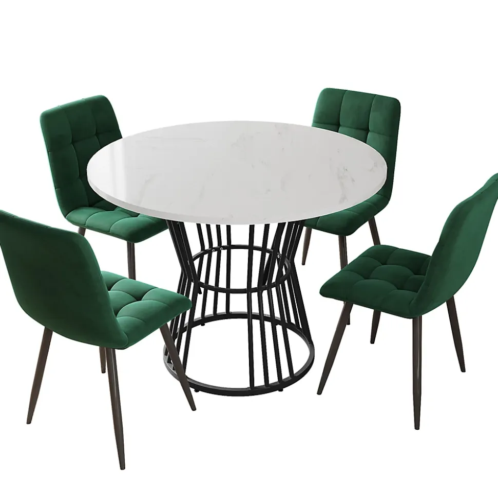 Ensemble Table et Chaises - Table Ronde MDF avec Pieds Métal Noir, 4 Chaises Velours, 100x75 cm, Blanc & Vert