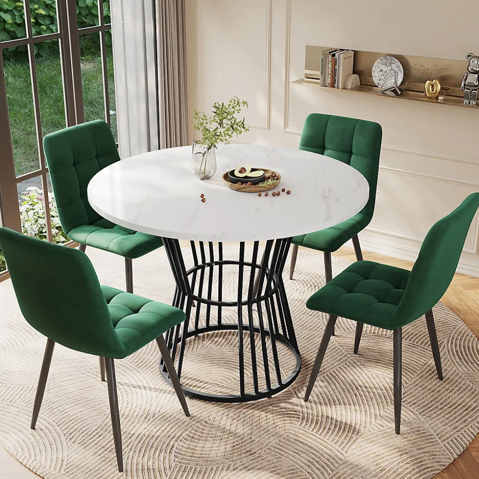 Ensemble Table et Chaises - Table Ronde MDF avec Pieds Métal Noir, 4 Chaises Velours, 100x75 cm, Blanc & Vert