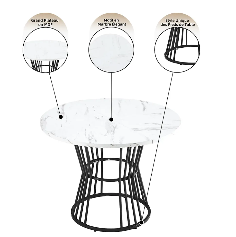 Ensemble Table et Chaises - Table Ronde MDF avec Pieds Métal Noir, 4 Chaises Velours, 100x75 cm, Blanc & Vert