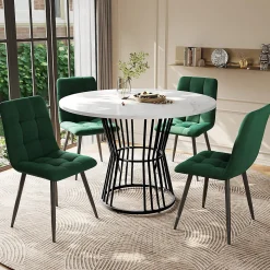 Ensemble Table et Chaises - Table Ronde MDF avec Pieds Métal Noir, 4 Chaises Velours, 100x75 cm, Blanc & Vert